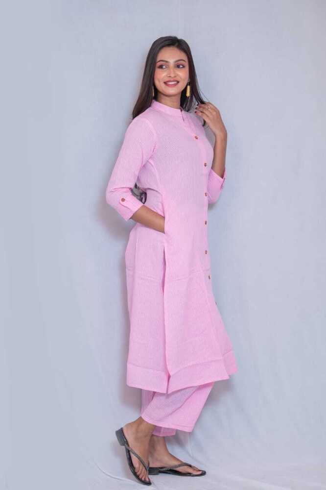 Pink Kantha Cotton A-Line Kurti Pant Set