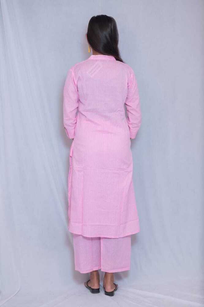 Pink Kantha Cotton A-Line Kurti Pant Set