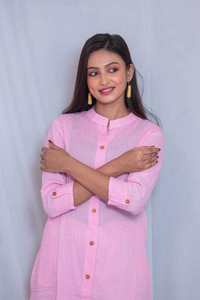 Pink Kantha Cotton A-Line Kurti Pant Set
