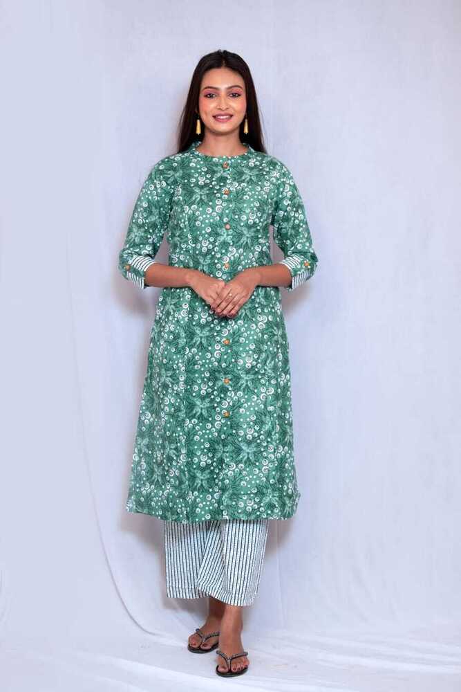Green Rajwadi Cotton A-Line Kurti Pant Set