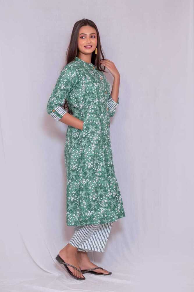 Green Rajwadi Cotton A-Line Kurti Pant Set