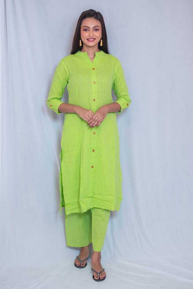 Green Kantha Cotton A-Line Kurti Pant Set