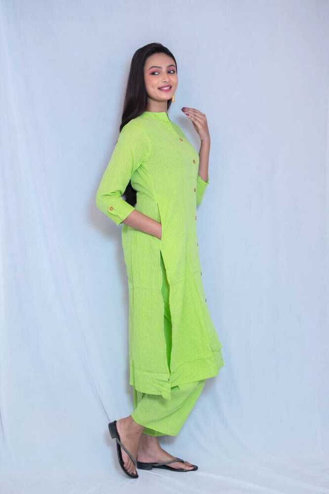 Green Kantha Cotton A-Line Kurti Pant Set