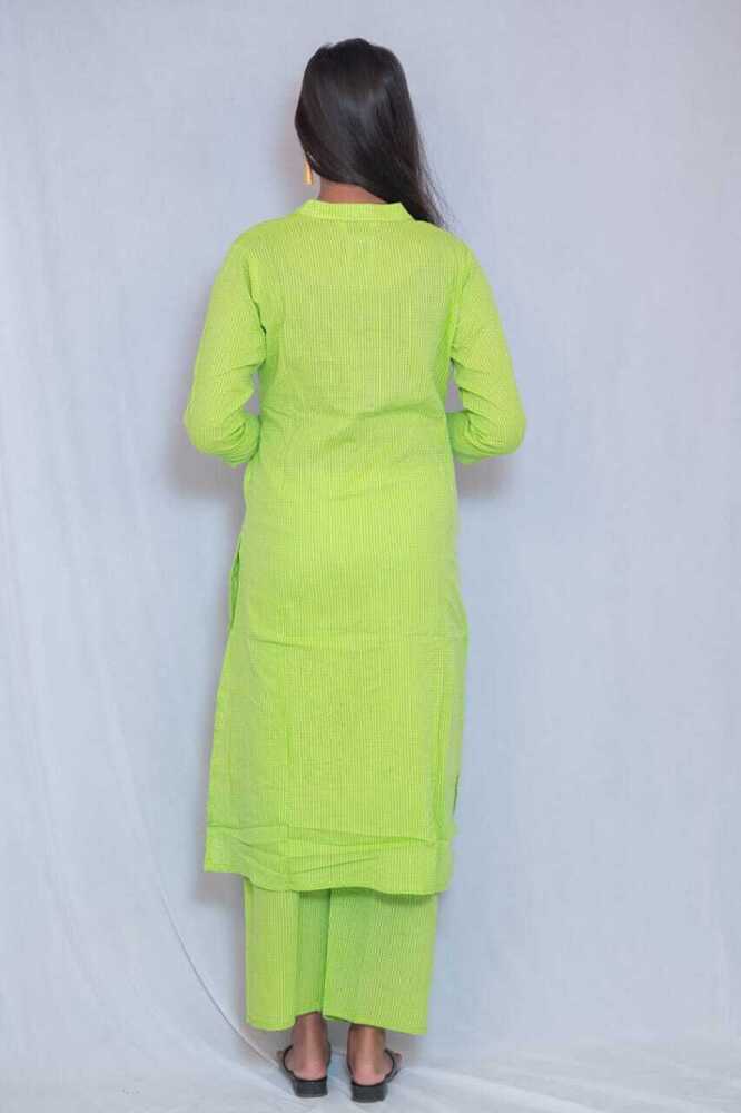 Green Kantha Cotton A-Line Kurti Pant Set