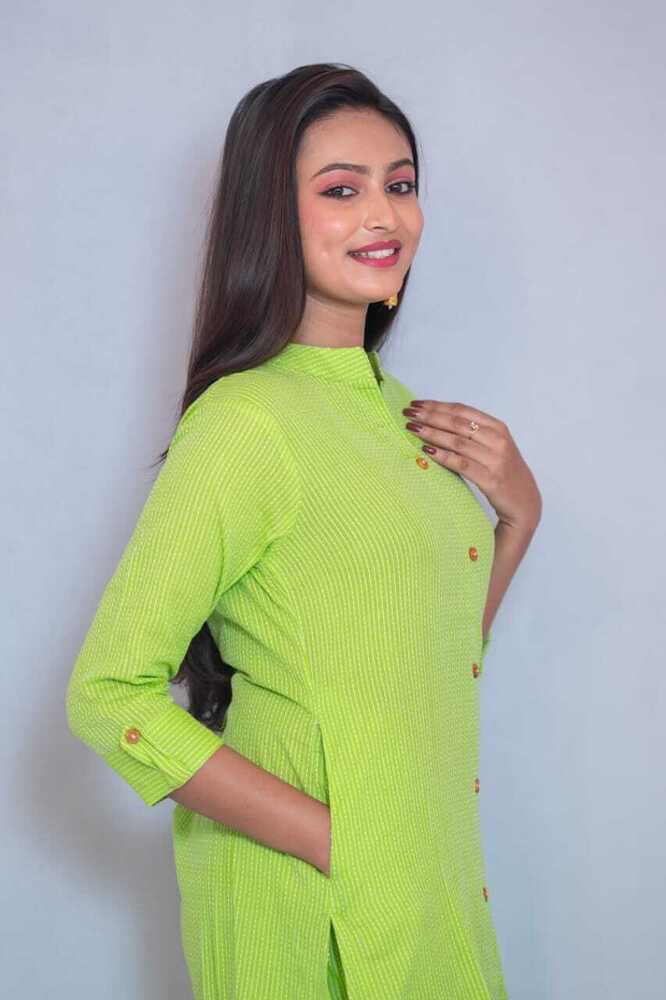 Green Kantha Cotton A-Line Kurti Pant Set