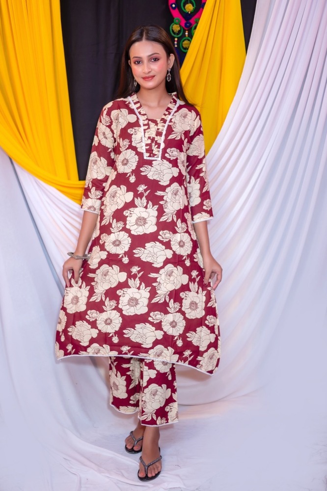 Fancy Floral Print Rayon A-Line Pant Set