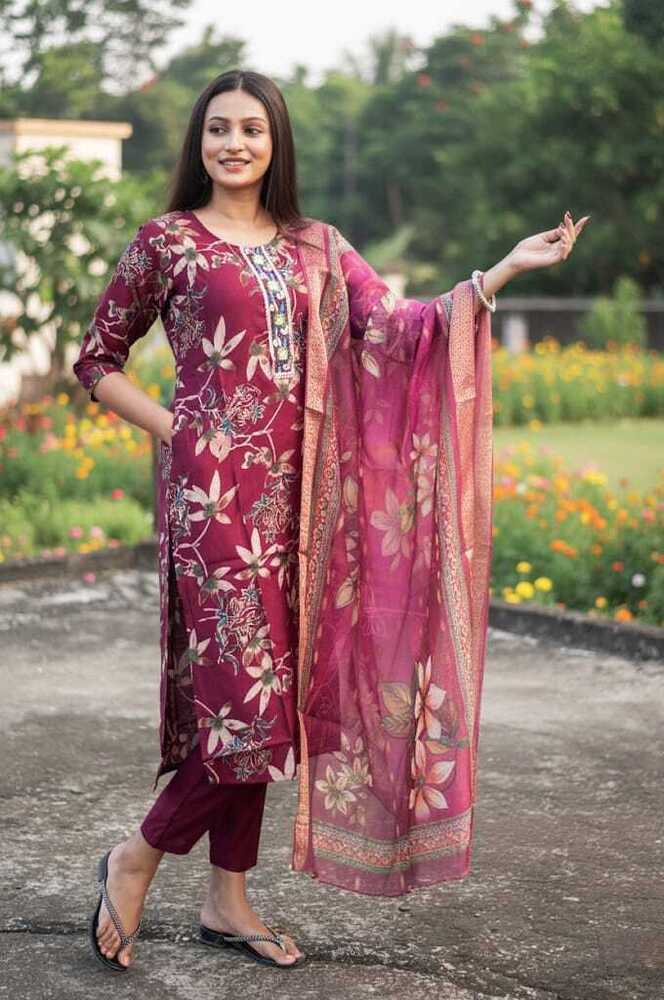 Three Piece Vatican Silk Discharge Print Suit Set