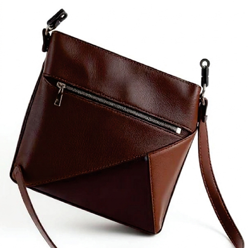 Coffee Brown PU Leather Crossbody Bag - PU Leather, 9x18x7 cm, Coffee Brown | Water-Resistant, Adjustable Strap, Metallic Zippers