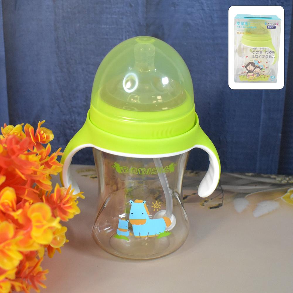 Plastic Baby Feeding Bottle With Handles Straw (300 Ml / 1 Pc) - Color: Mix