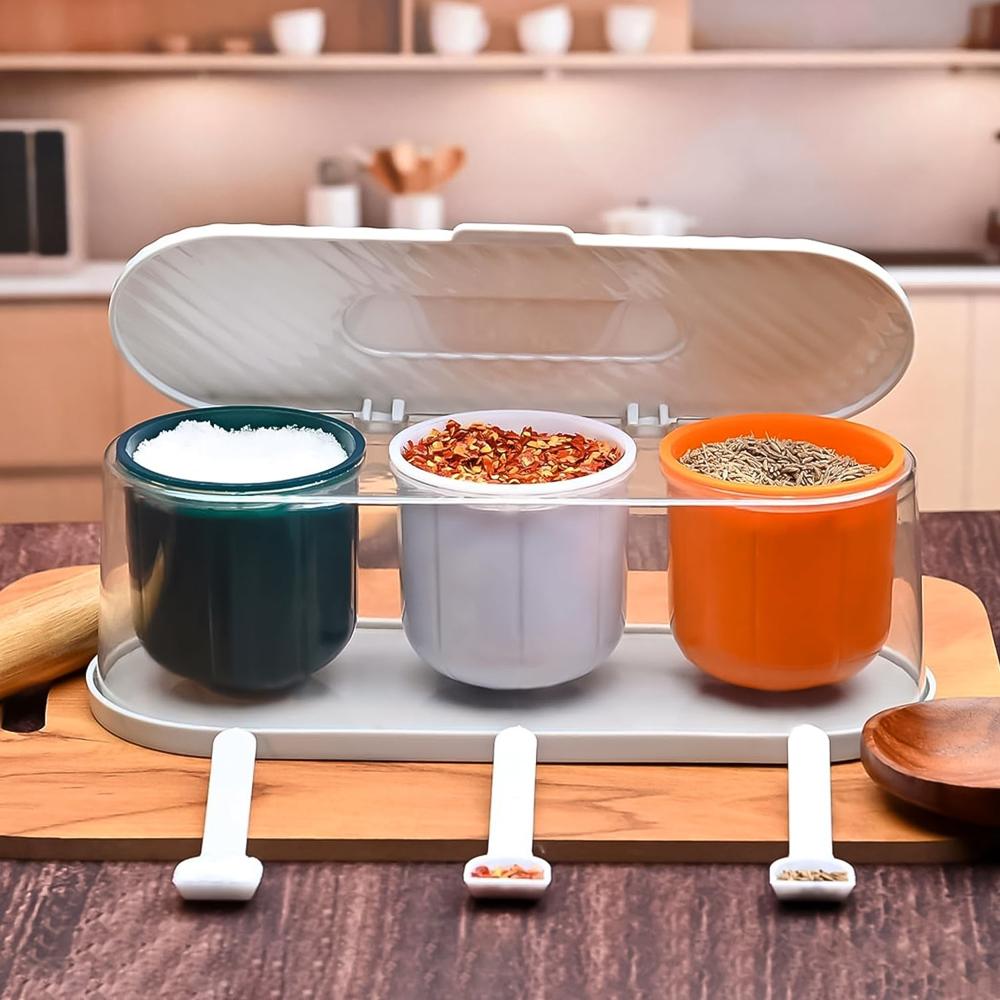 Home Kitchen 3 Grid Seasoning Spice Box Kit With Spoon - Plastic, 8x8x7 Cm, Multicolor | Transparent Hinged Lid, Odor Resistant, Dishwasher Safe