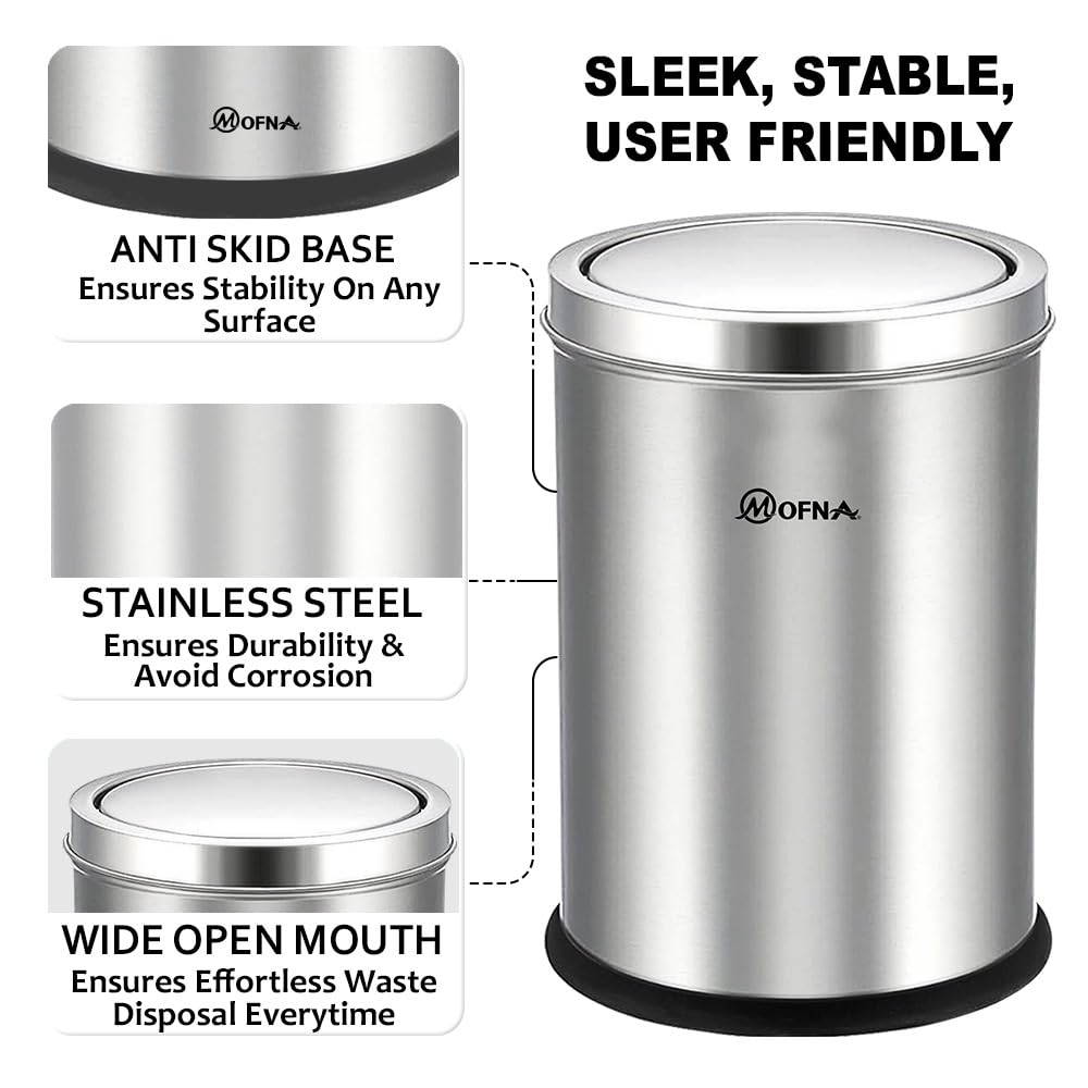 Mofna Stainless Steel Silver Swing Dustbin 10 Liter