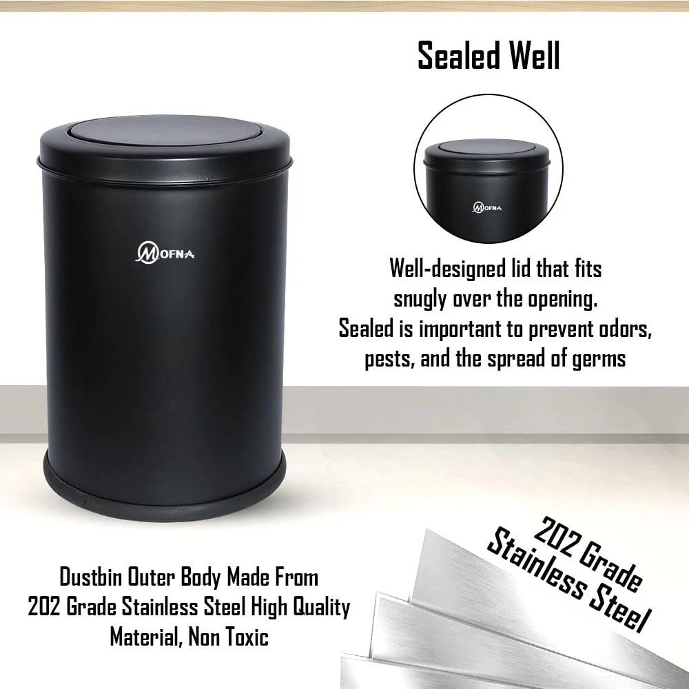Mofna Stainless Steel Black Swing Dustbin 18 Liter