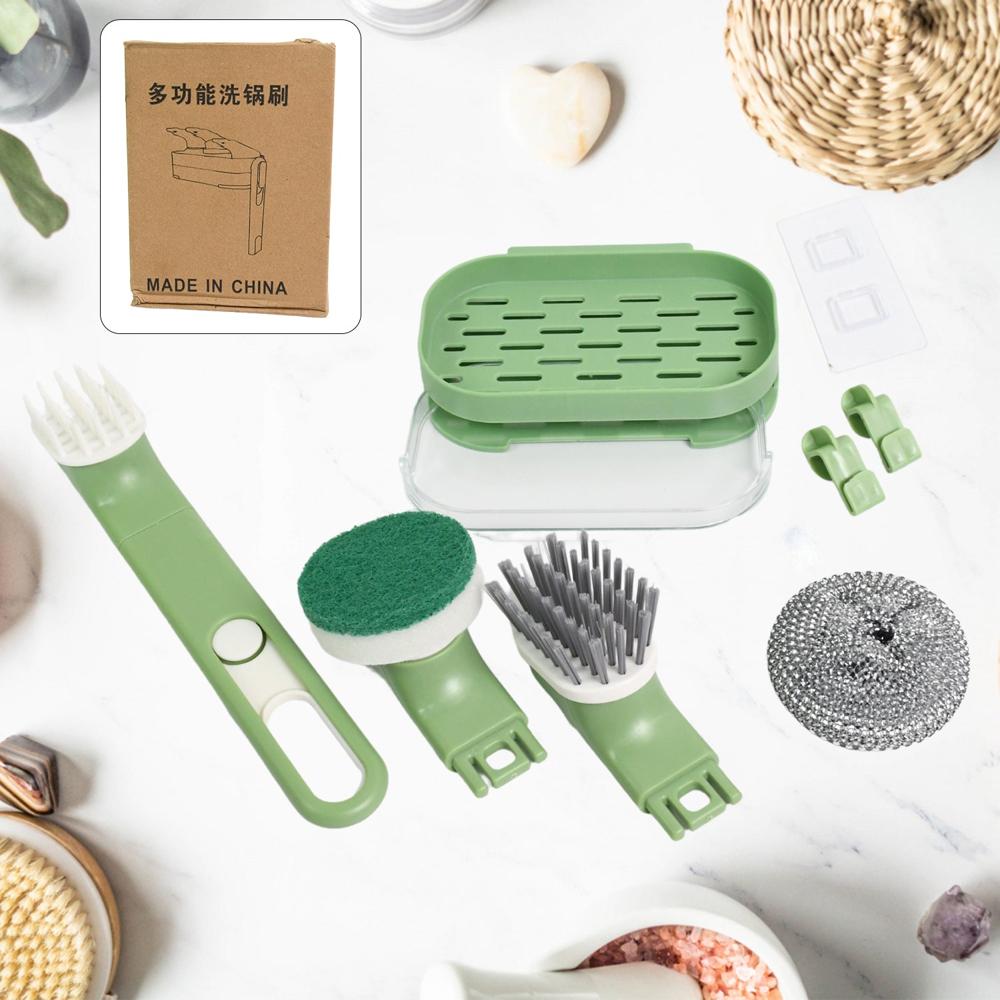 Dish Brush Set With Handle, Replacement Heads, Drain Tray In Kitchen (9 Pcs Set) - Color: Mix