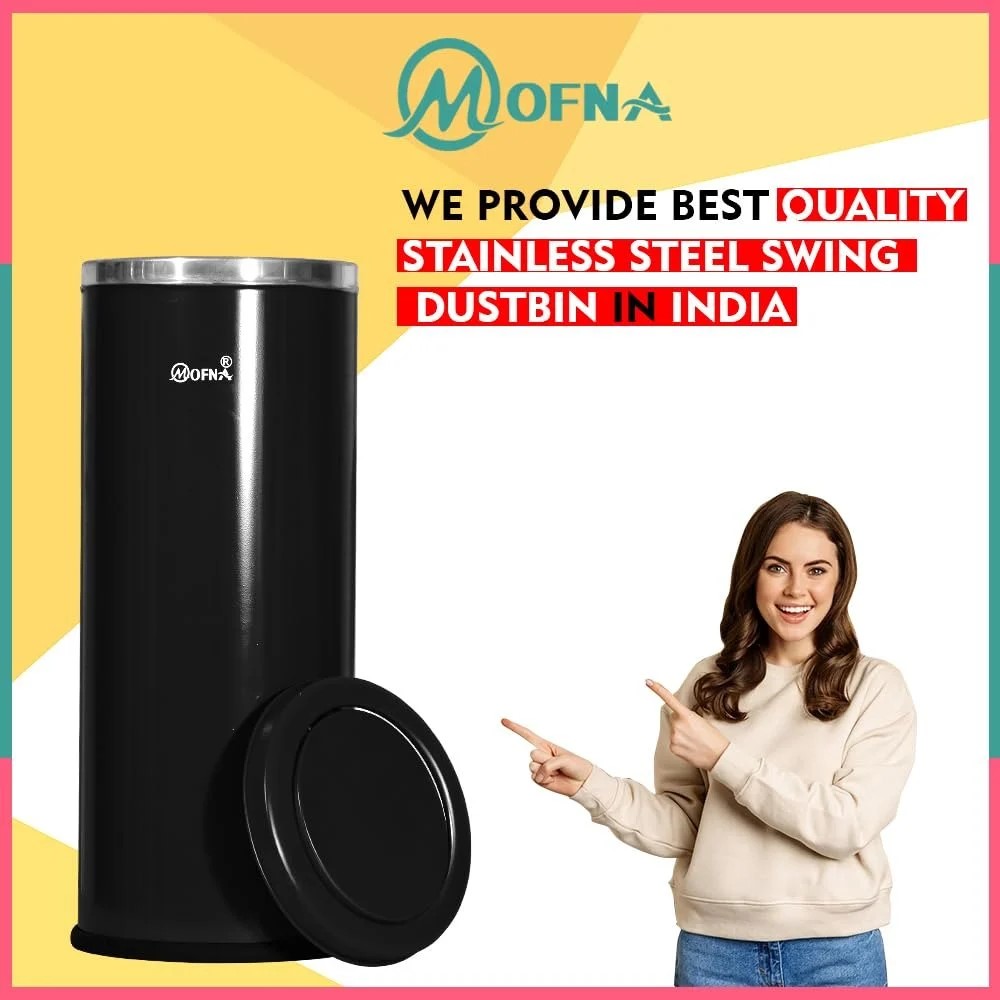 Mofna Stainless  Steel Black Long Swing Dustbin 18 Liter