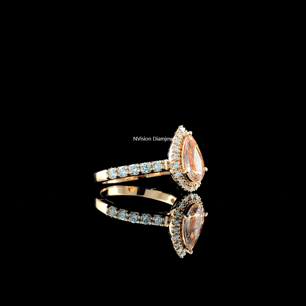 Rose Gold Pear Cut Morganite Gemstone with Labgrown Diamonds Halo Ring