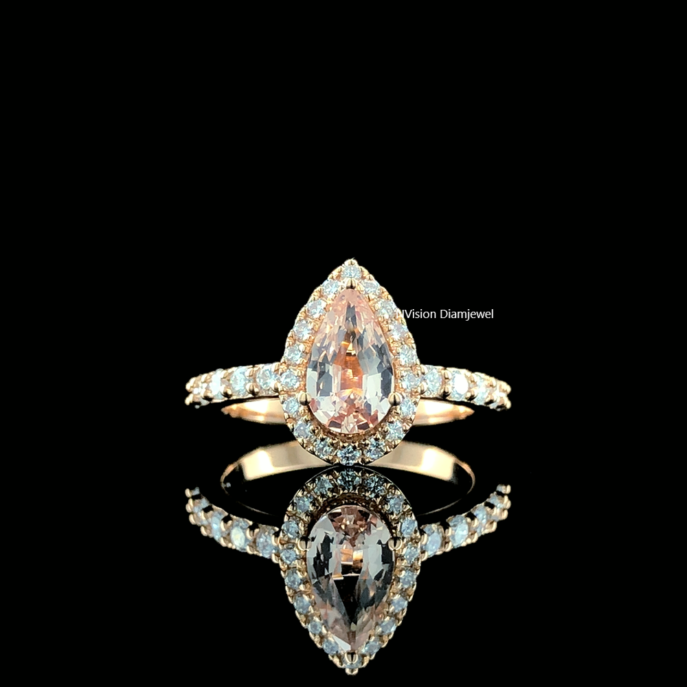 Rose Gold Pear Cut Morganite Gemstone with Labgrown Diamonds Halo Ring