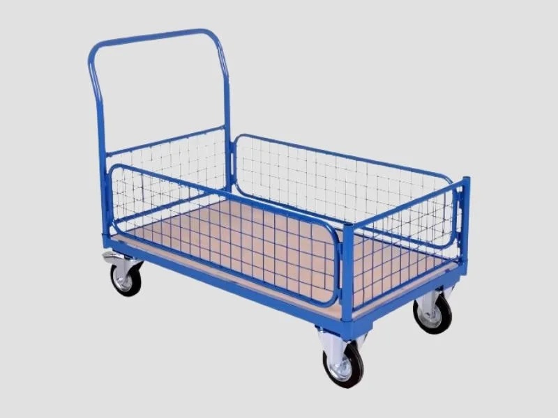 Material Handling Mesh Trolley - Mild Steel Mesh, 900x600x1000 mm, Blue/Grey | Foldable Detachable Mesh Sides, 300 kg Capacity, 360Â° Swivel PU Castor Wheels