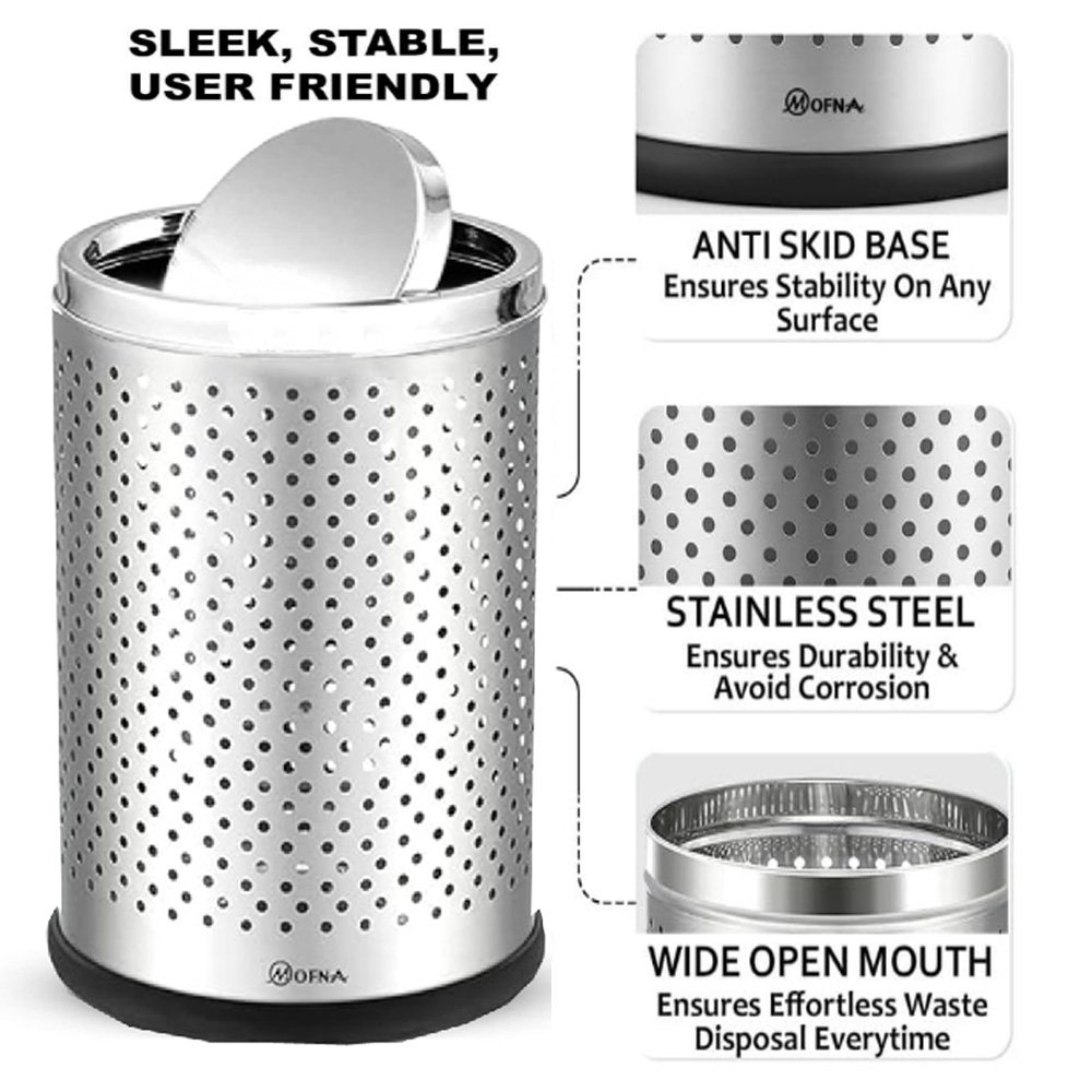 Mofna Stainless Steel Swing Perforated Dustbin 10 Liter