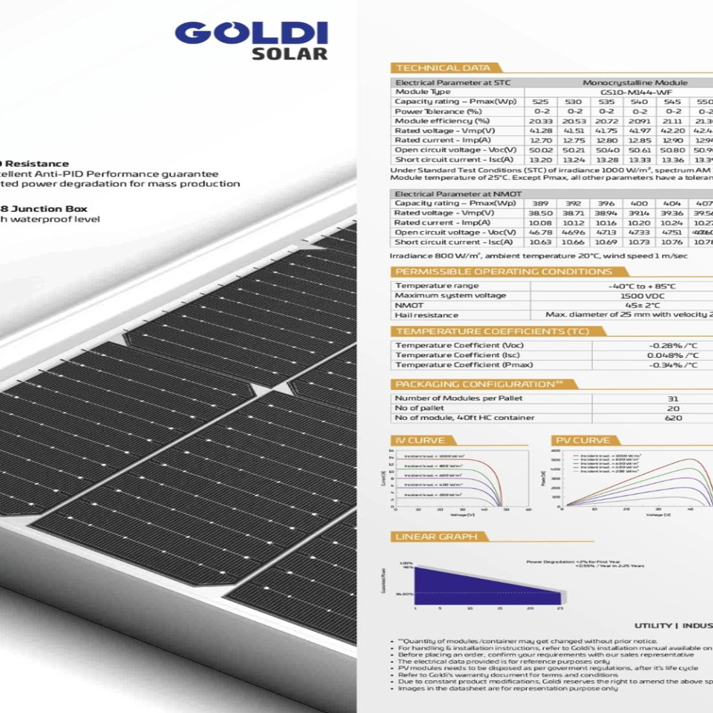 Goldi Solar 525-555W HELOC Pro Series Monofacial 144 Half-Cells Efficiency 21.49%