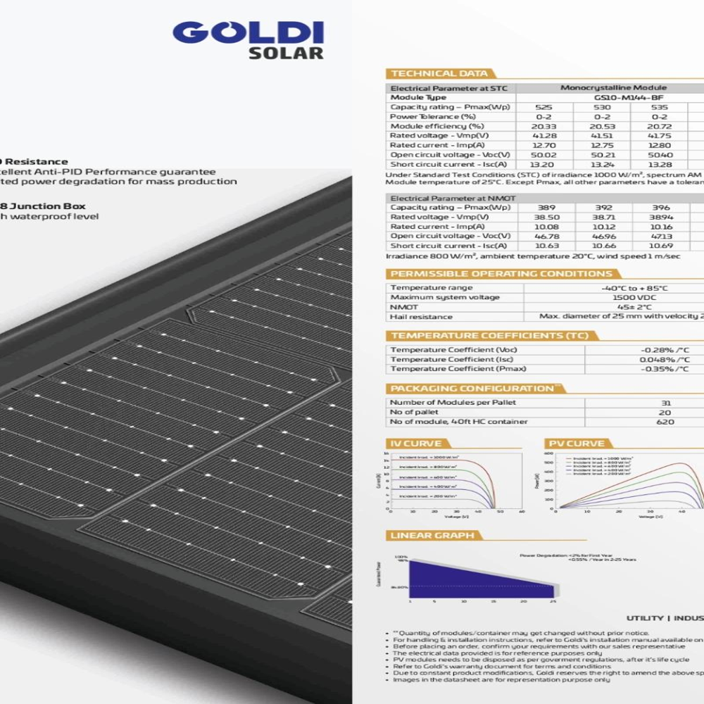 Goldi Solar 525-540W HELOC Pro Series Bifacial 144 Half-Cells Efficiency 20.91%