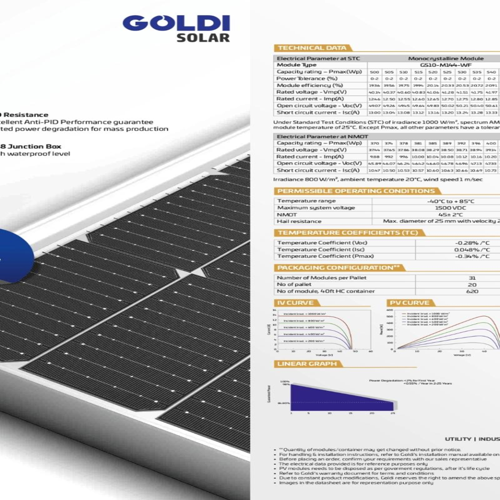 Goldi Solar 500-550W HELOC Pro Series Monofacial 144 Half-Cells Efficiency 21.30%