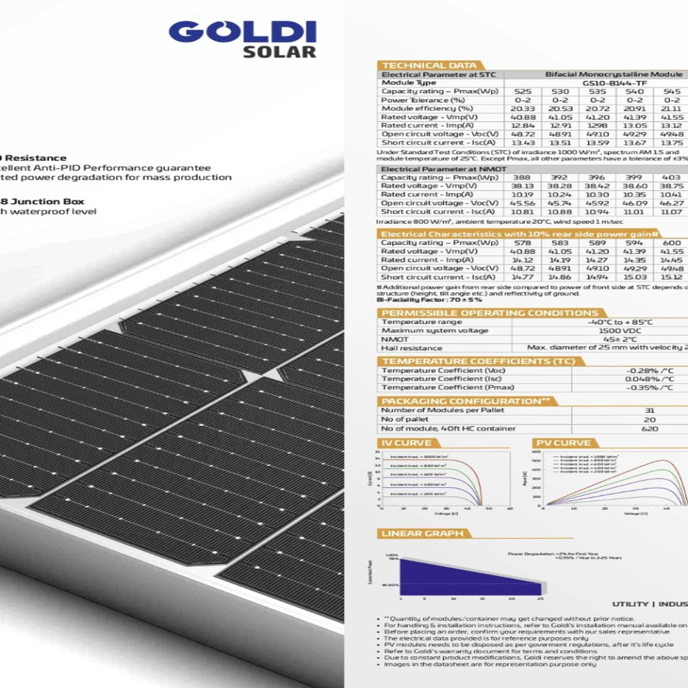 Goldi Solar 525-550W HELOC Pro Series Bifacial Transparent Backsheet 144 Half-Cells Efficiency 21.30%