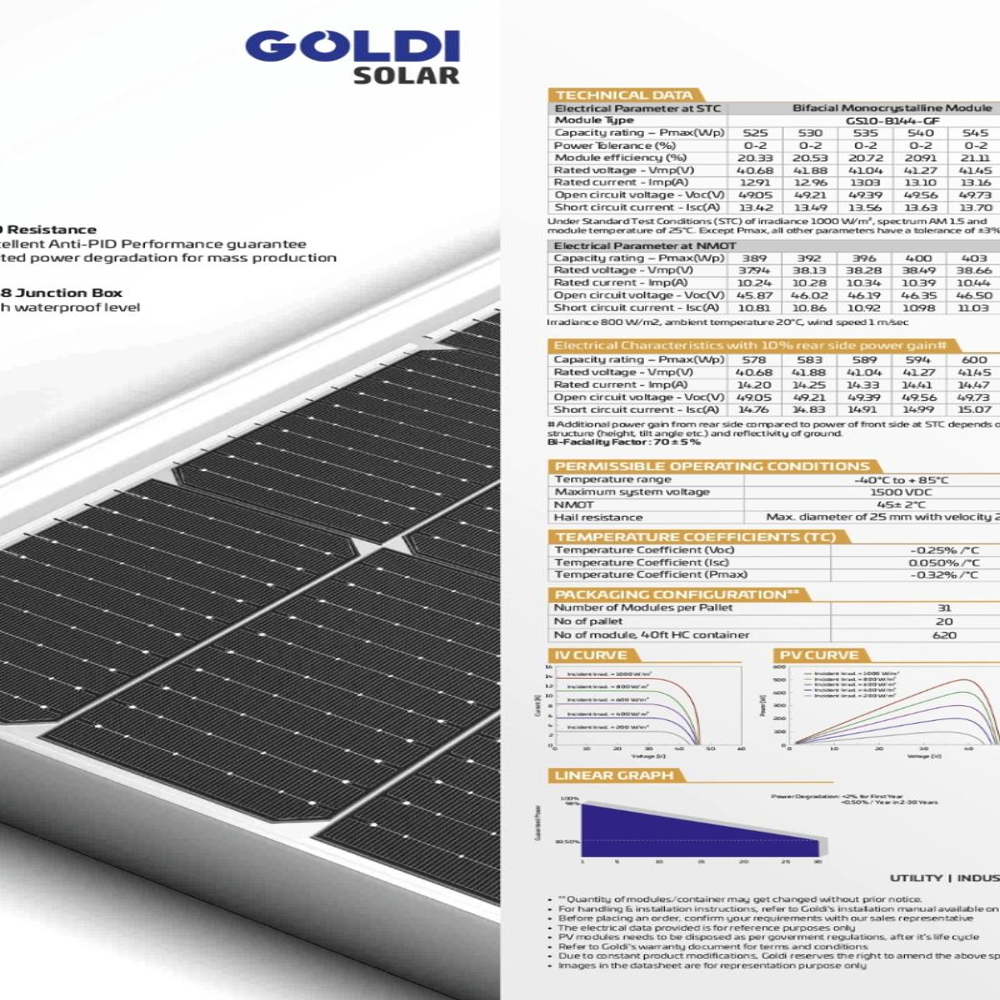Goldi Solar 525-550W HELOC Pro Series Bifacial Dual Glass 144 Half-Cells Efficiency 21.30%