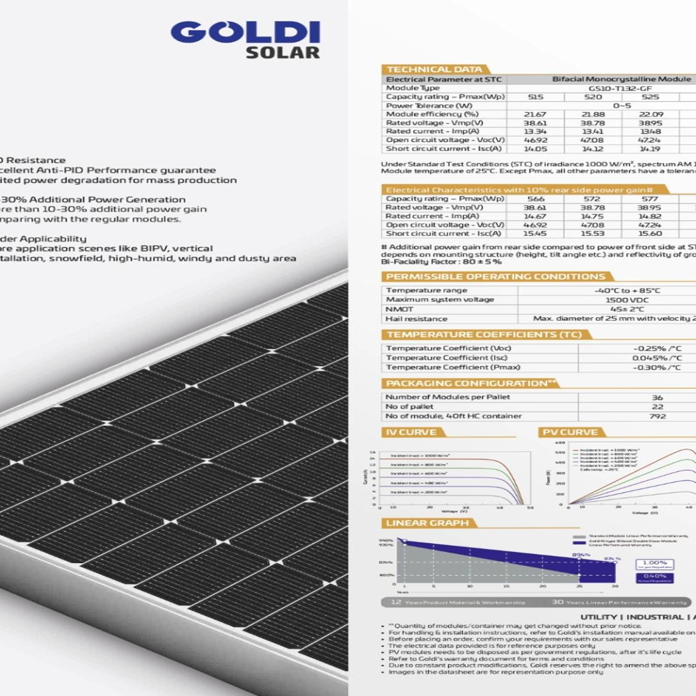 Goldi Solar 515-530W HELOC Pro Series Bifacial Dual Glass N-Type TOPCon 132 Half-Cells Efficiency 22.30%