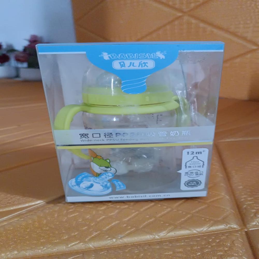 Plastic Baby Feeding Bottle With Handles, Cleaning Brush & Straw (300 Ml / 1 Pc) - Color: Mix