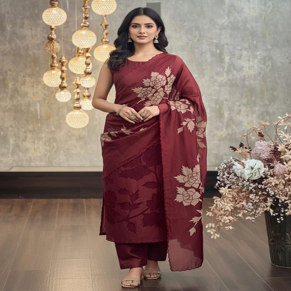 Silk Chanderi Cut-work Suits 3pc Set - Color: Assortted Colours