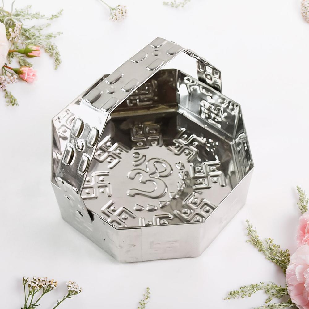 Traditional Stainless Steel Octagon Pooja Basket 1 Pc with Handle