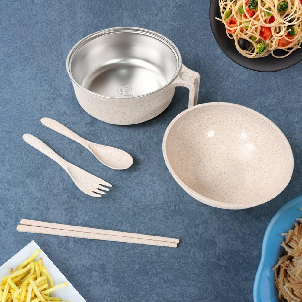 Rice Bowl Noodle Set 6 Pcs With Lid Handle & Cutlery - Color: Mix