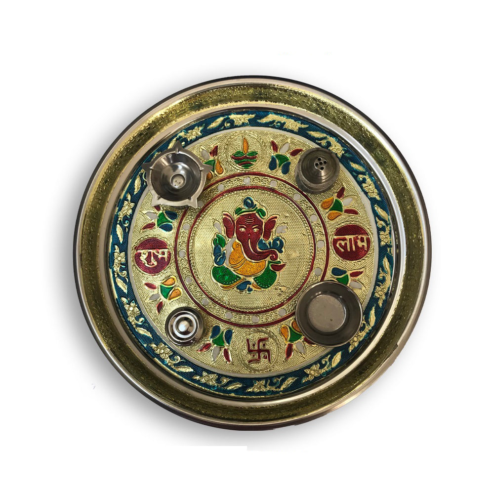 Stainless Steel Pooja Thali With Golden Chain Diamond Pearl & Fancy Stones - Color: Mix
