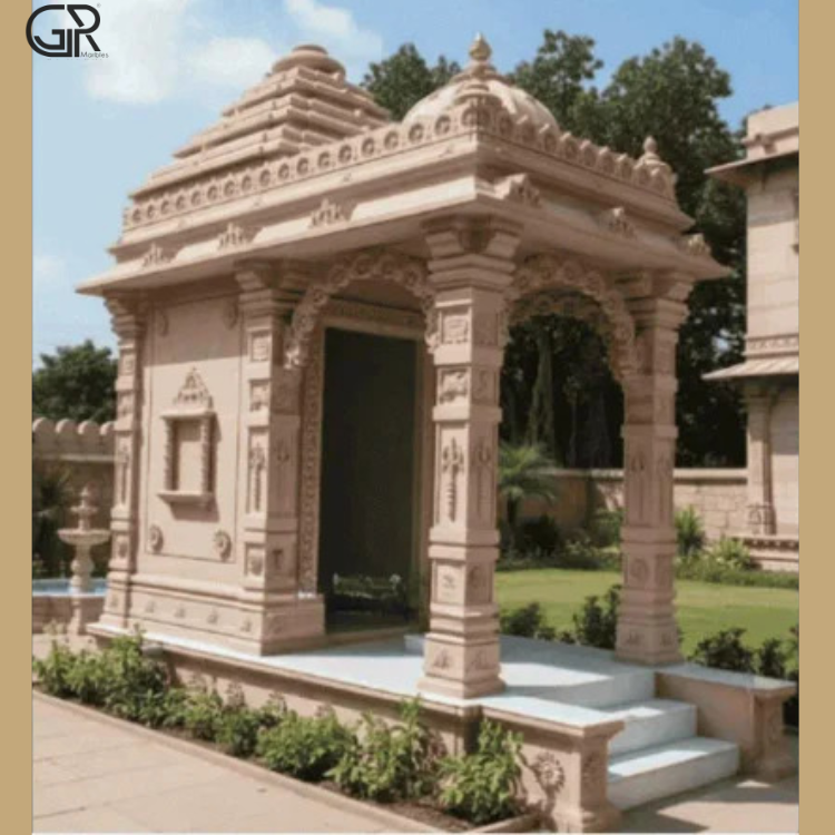 Sandstone Mandir Construction - Jaisalmer Sandstone, Large, Beige, Machine Carved | Multi-pillar Design, Polished Surface, Outdoor, North Indian Style, Religious Theme