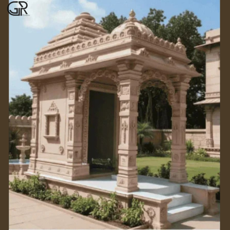 Sandstone Mandir Construction - Jaisalmer Sandstone, Large, Beige, Machine Carved | Multi-pillar Design, Polished Surface, Outdoor, North Indian Style, Religious Theme