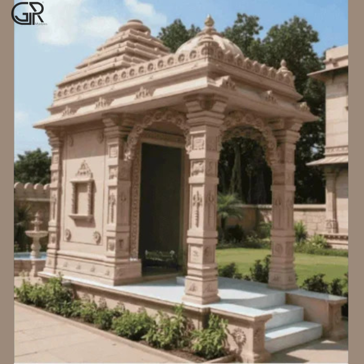 Sandstone Mandir Construction - Jaisalmer Sandstone, Large, Beige, Machine Carved | Multi-pillar Design, Polished Surface, Outdoor, North Indian Style, Religious Theme