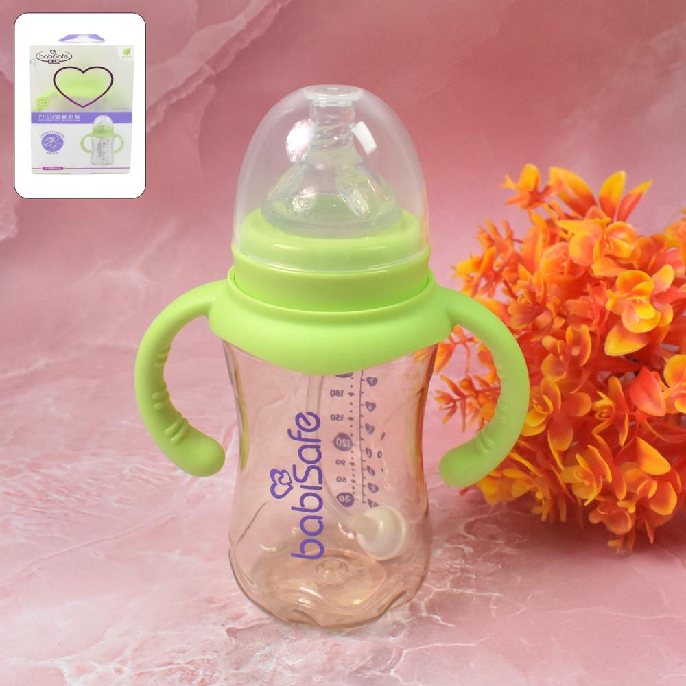 Plastic Baby Feeding Bottle With Handles, Cleaning Brush & Straw (300 Ml / 1 Pc) - Color: Mix