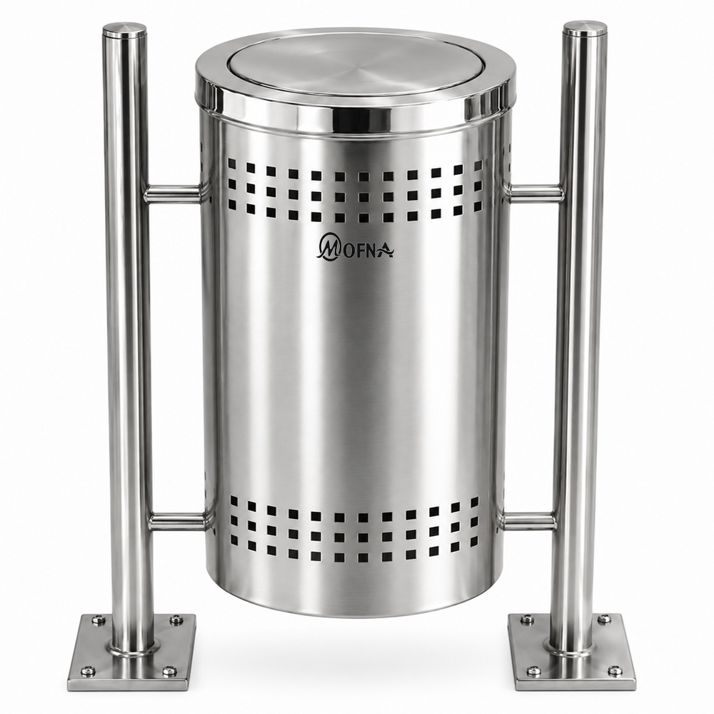 Mofna Stainless Steel Single Pole Dustbin With Lid Capacity 40 Liter - Application: Public Places