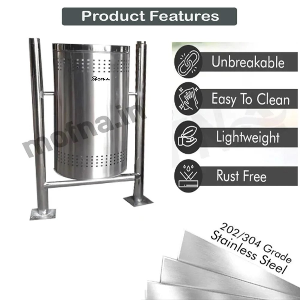 Mofna Stainless Steel Single Pole Dustbin With Lid Capacity 40 Liter