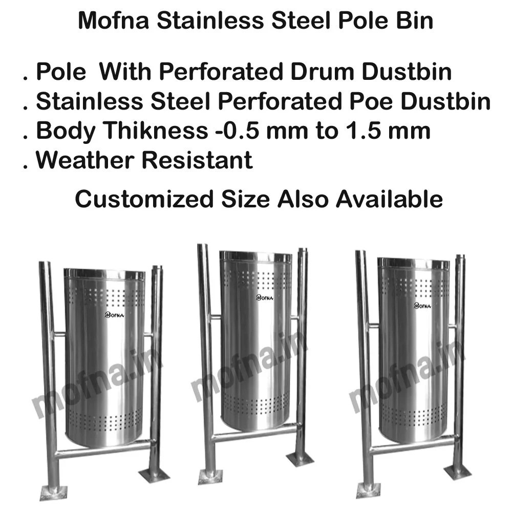 Mofna Stainless Steel Single Pole Dustbin With Lid Capacity 40 Liter