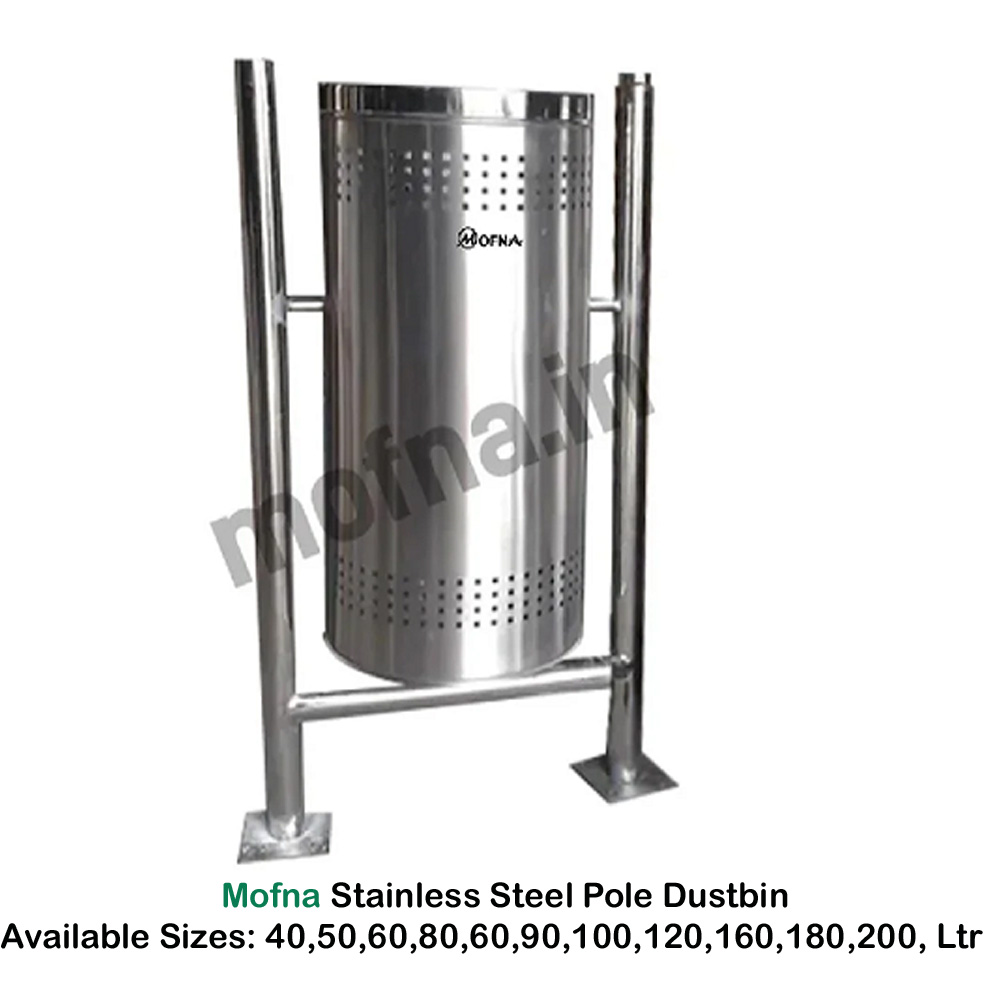 Mofna Stainless Steel Single Pole Dustbin With Lid Capacity 40 Liter