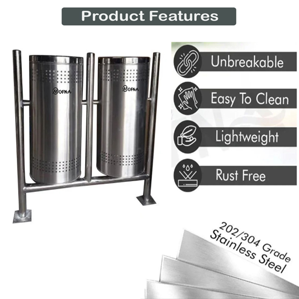 MOfna Stainless Steel Double Pole Dustbin With Lid Capacity 50 Liter