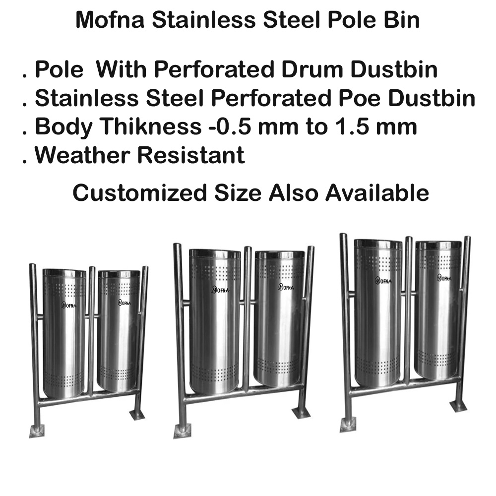 MOfna Stainless Steel Double Pole Dustbin With Lid Capacity 50 Liter
