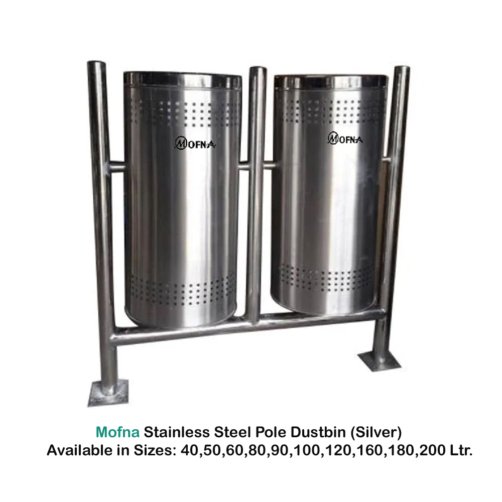 MOfna Stainless Steel Double Pole Dustbin With Lid Capacity 50 Liter