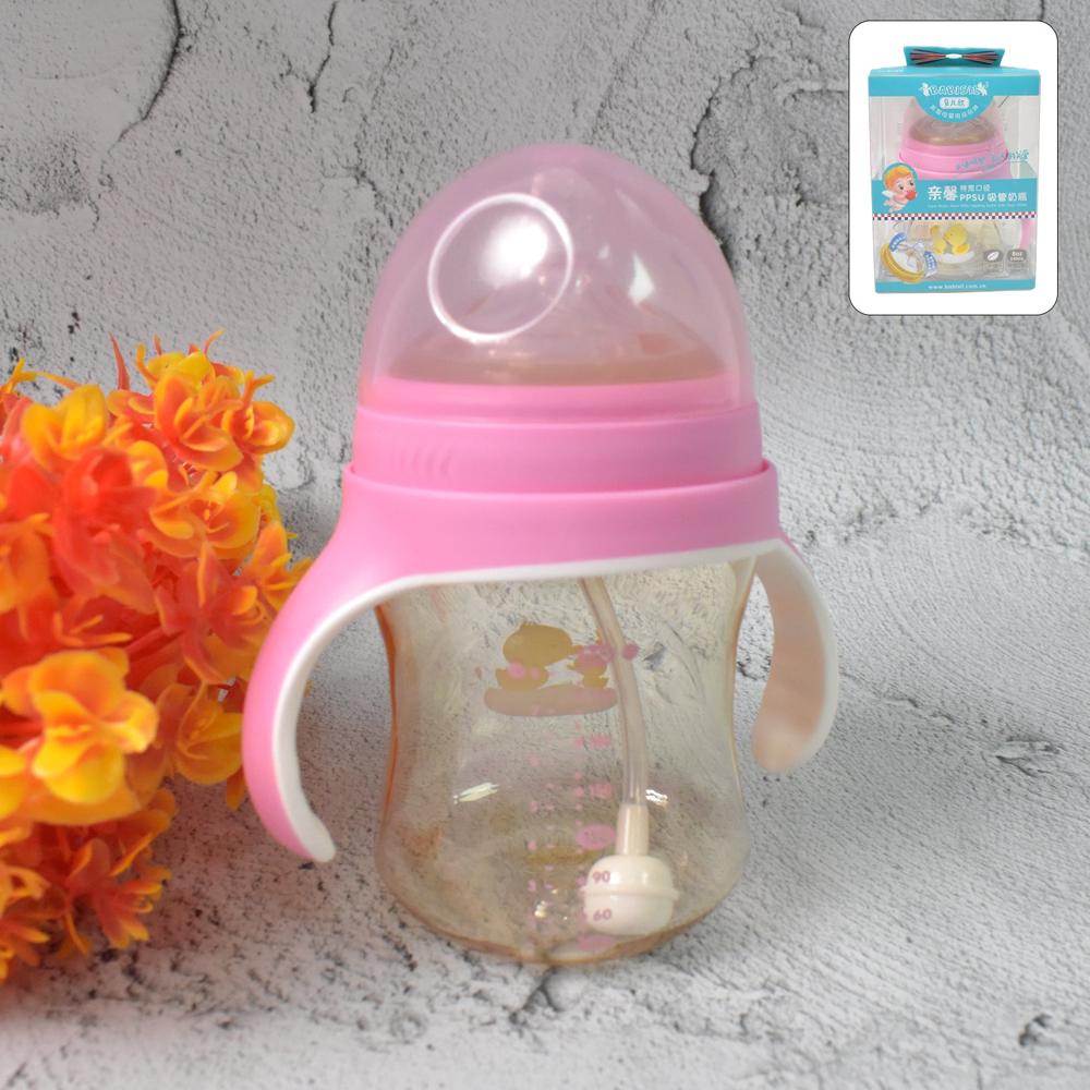 Plastic Baby Feeding Bottle With Handles, Cleaning Brush & Straw (240 Ml / 1 Pc) - Color: Mix