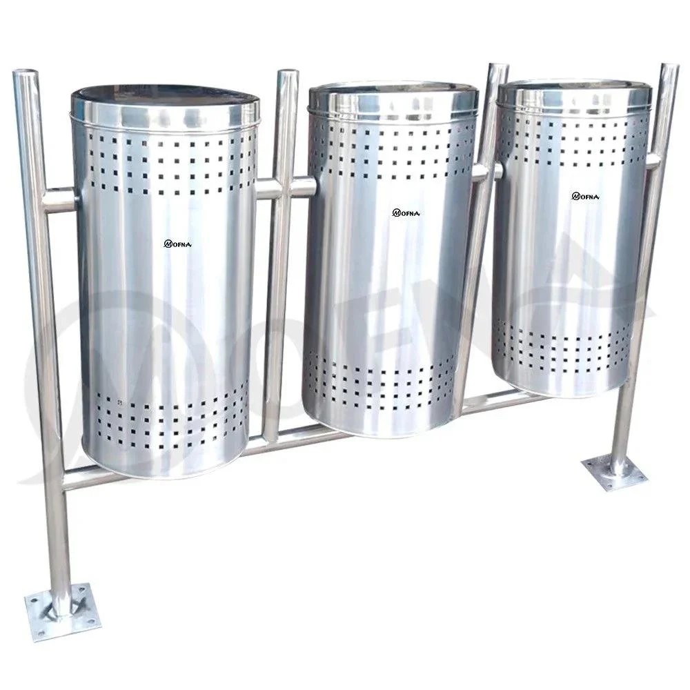 Mofna Stainless Steel Trio Pole Dustbin With Lid  50 Liter