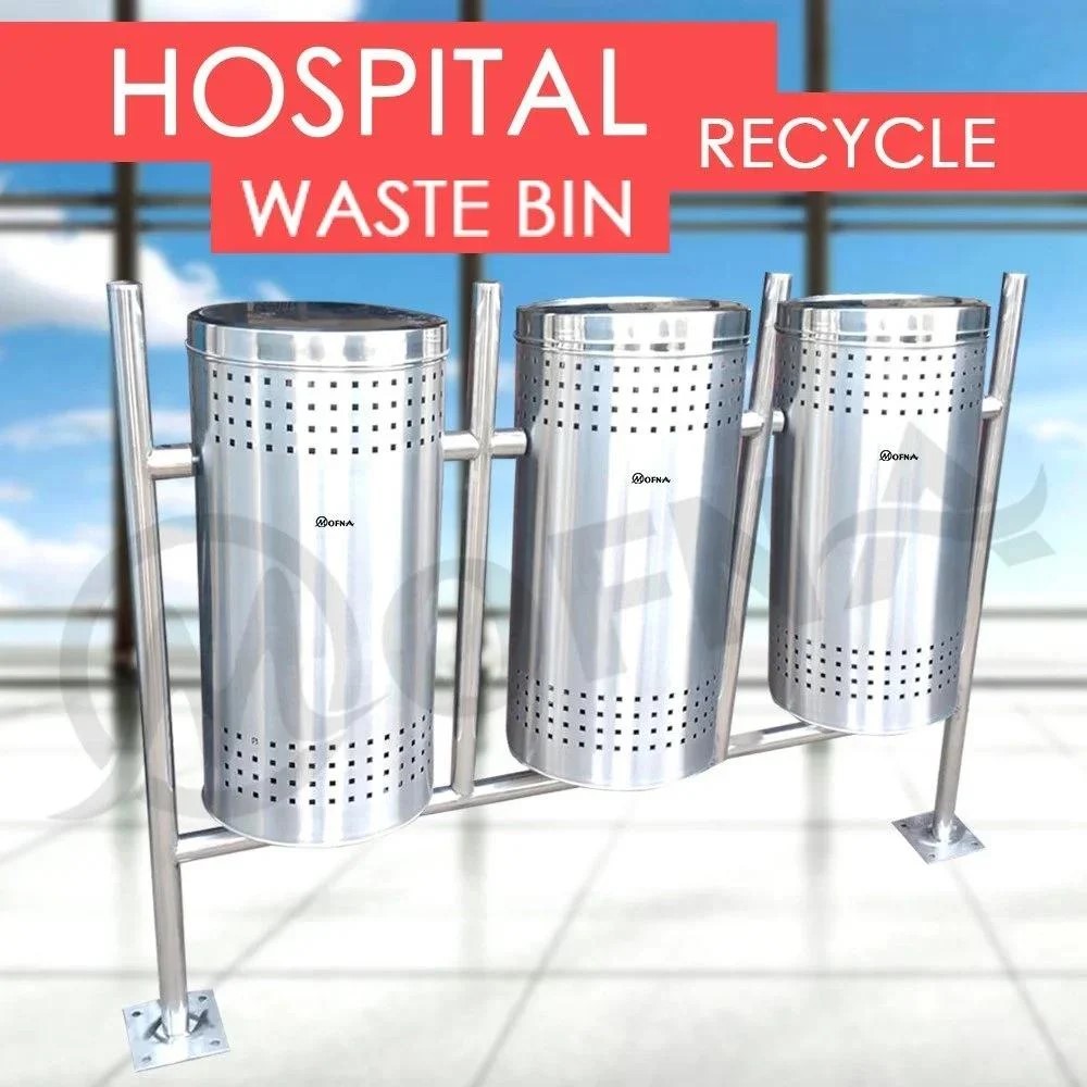 Mofna Stainless Steel Trio Pole Dustbin With Lid  50 Liter