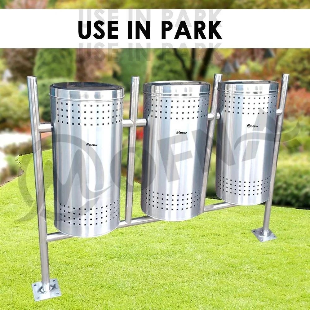 Mofna Stainless Steel Trio Pole Dustbin With Lid  50 Liter