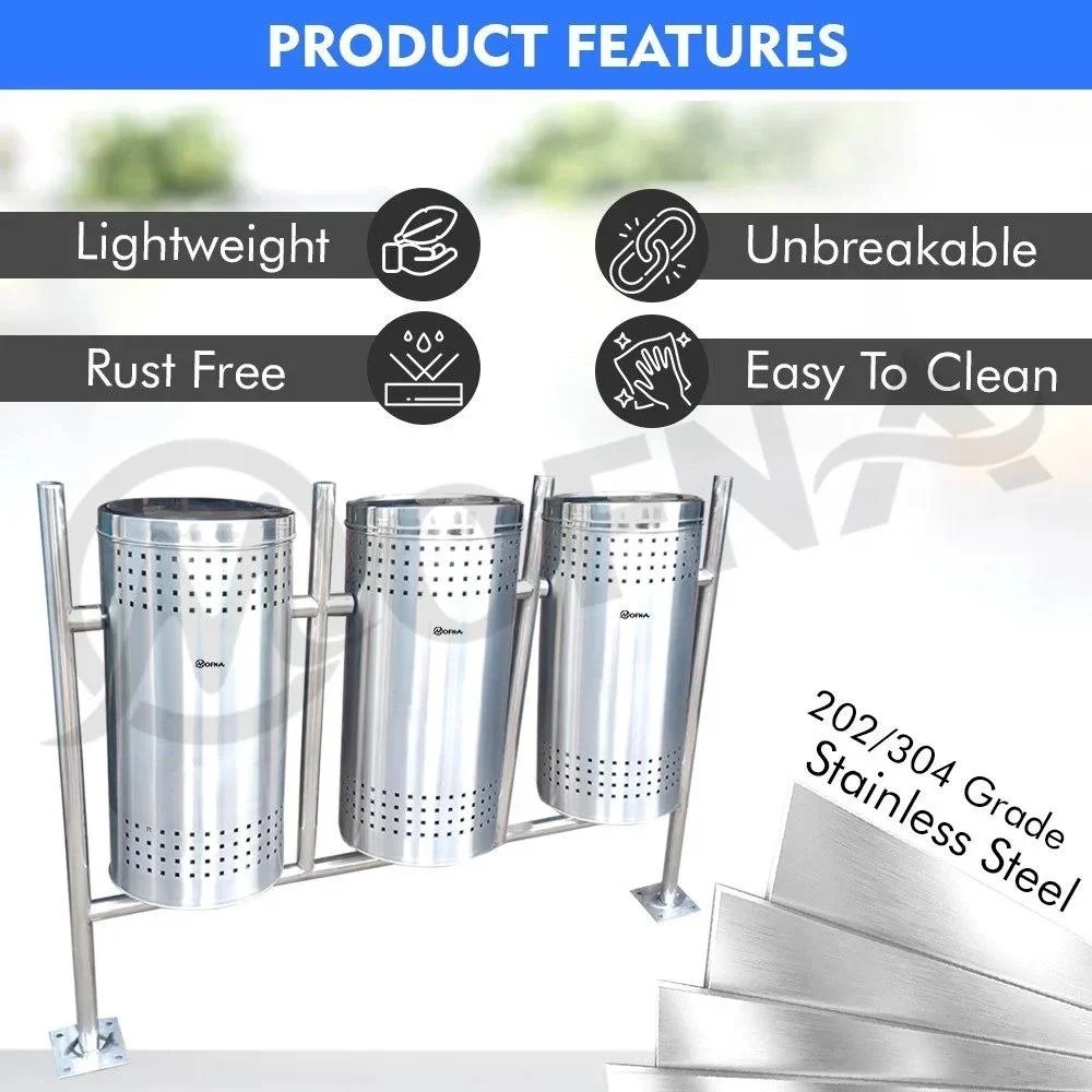 Mofna Stainless Steel Trio Pole Dustbin With Lid  50 Liter
