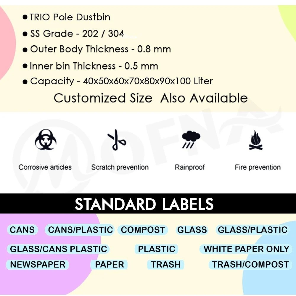 Mofna Stainless Steel Trio Pole Dustbin With Lid  50 Liter